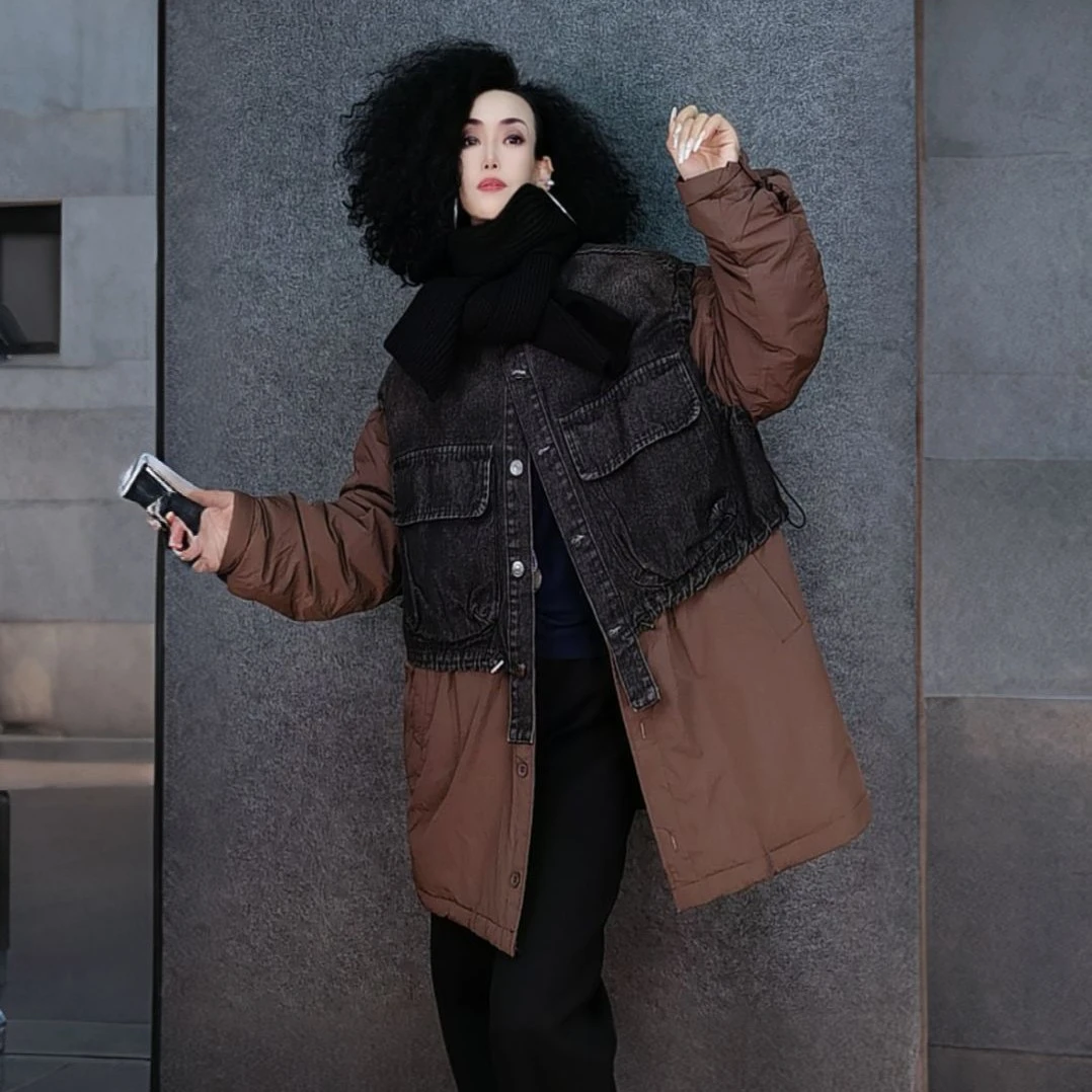 二姐家休闲洋气牛仔拼色棉服