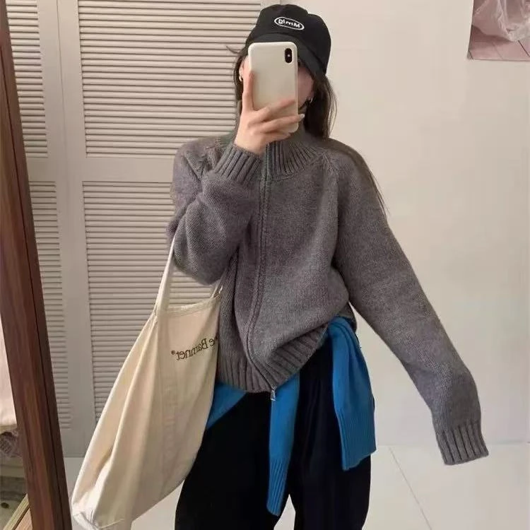 慵懒风韩系简约高领拉链毛衣开衫女秋冬新款宽松针织外套加厚上衣