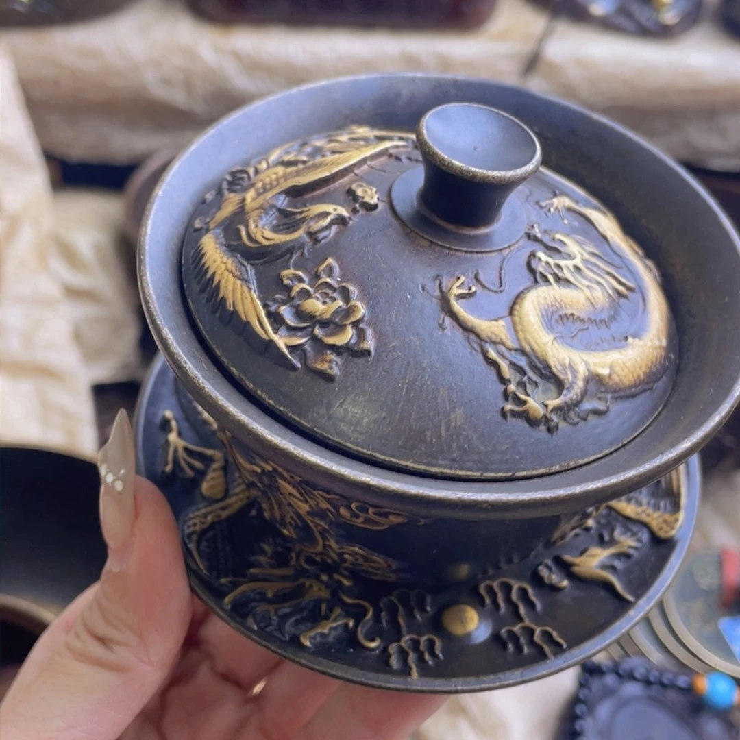 原矿风磨铜盖碗。
