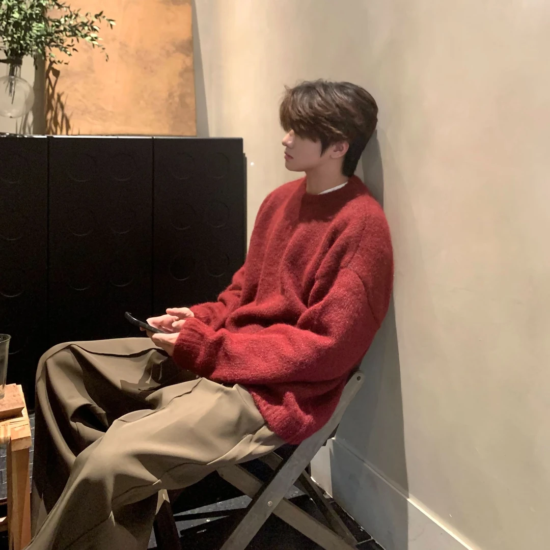 Woosine 2025新款圆领毛衣长袖羊毛软糯宽松落肩高级感情侣款保暖