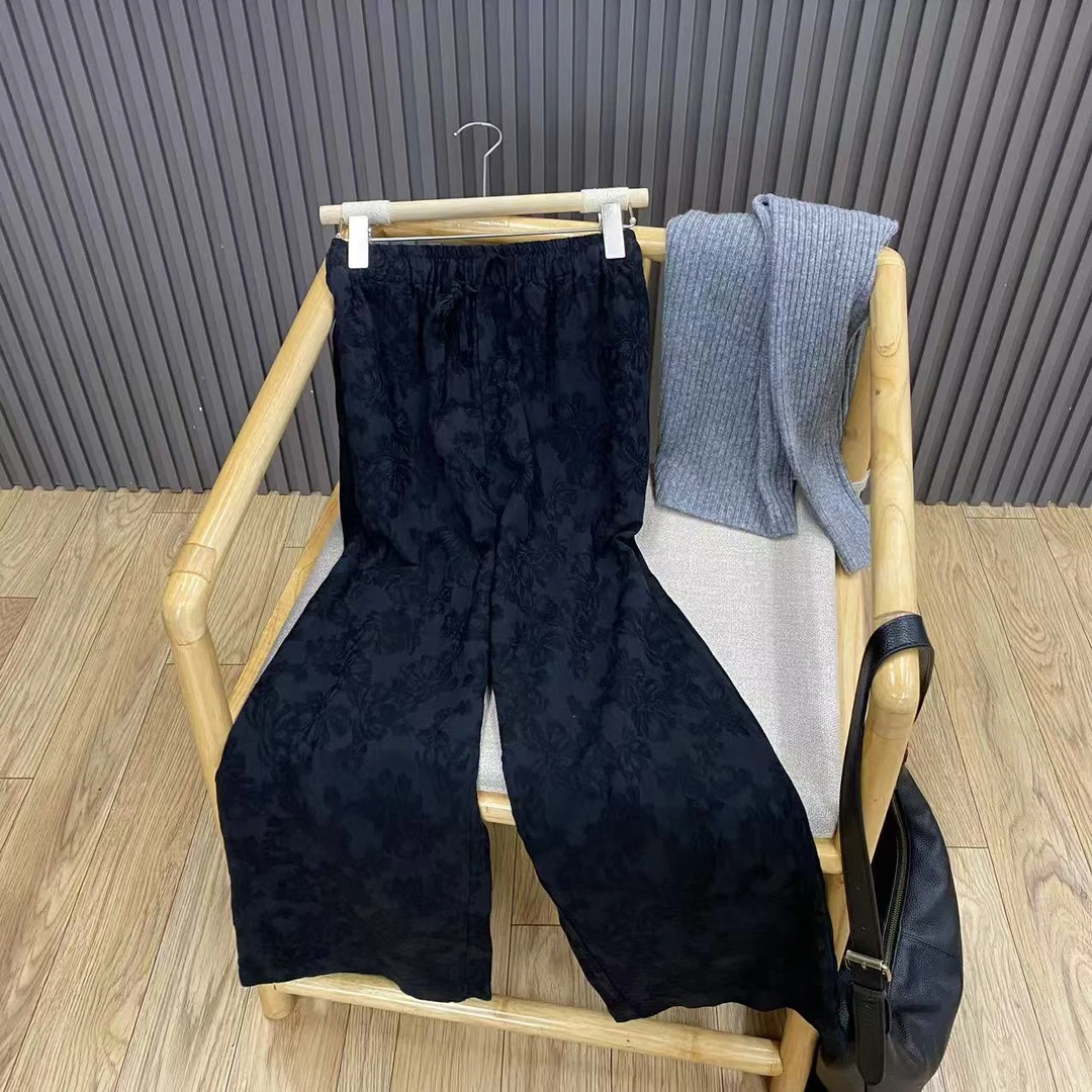 亚麻提花暗纹阔腿裤复古国风文艺百搭宽松显瘦长裤女K24019