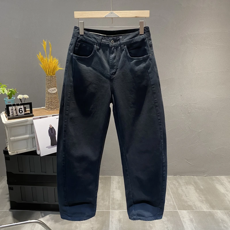 潮牌美式复古洗旧香蕉型弯刀阔腿牛仔裤男秋冬季宽松立裁痞帅长裤