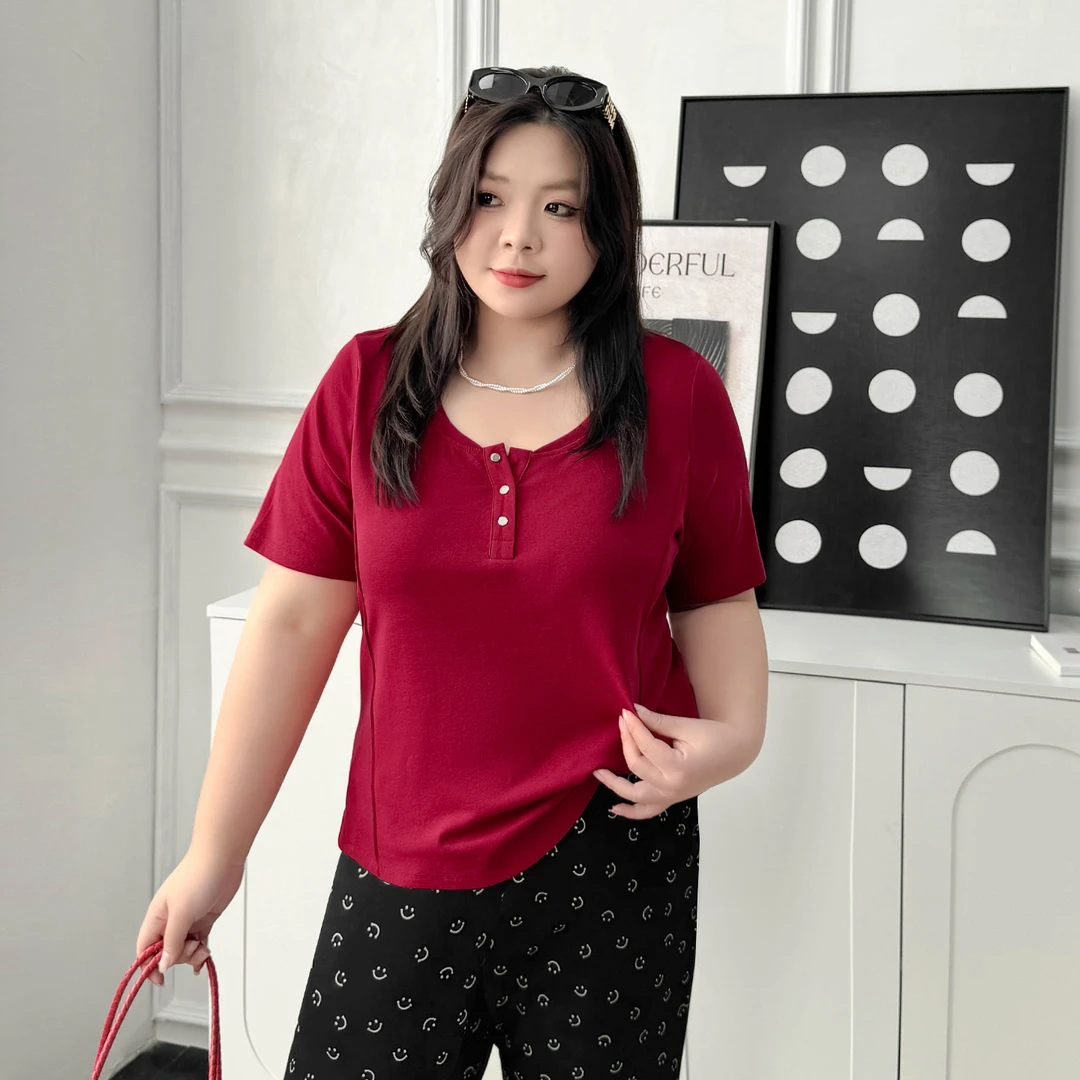 DX7396大码女装【极简舒适T】半开铆钉扣夏季短袖200斤分割显瘦上衣