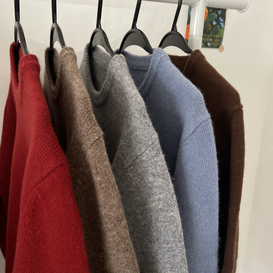 orange.极简百搭纯色圆领套头100%羊毛毛衣