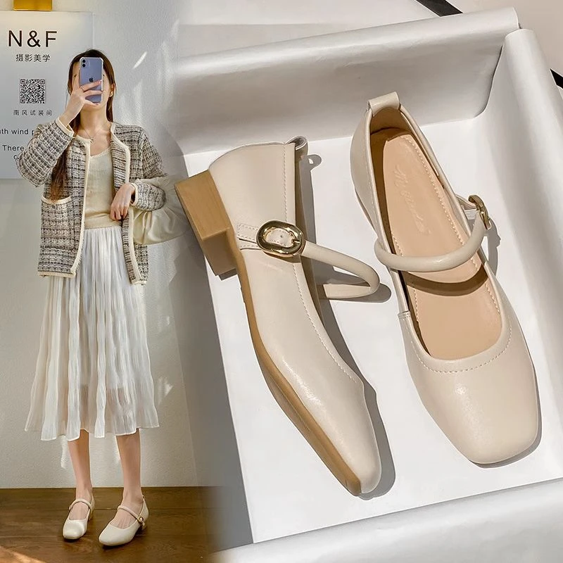 法式真皮玛丽珍鞋单鞋女2025年秋季浅口方头粗跟一字扣方头奶奶鞋