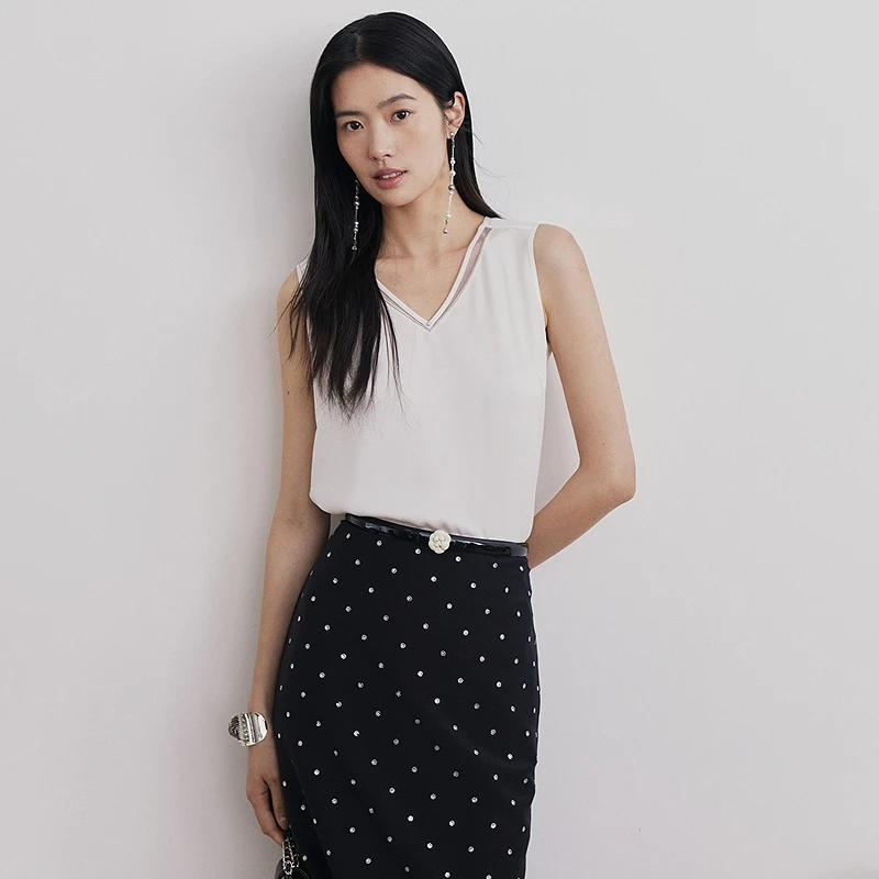 FS时尚百搭V领网眼拼接链条醋酸小背心女25夏新款5182A