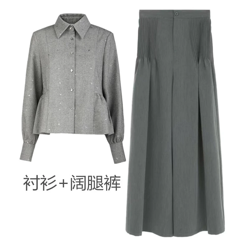 小个子灰色衬衣秋冬气质可造型厚款纽扣女装衬衫百搭阔腿长裤套装