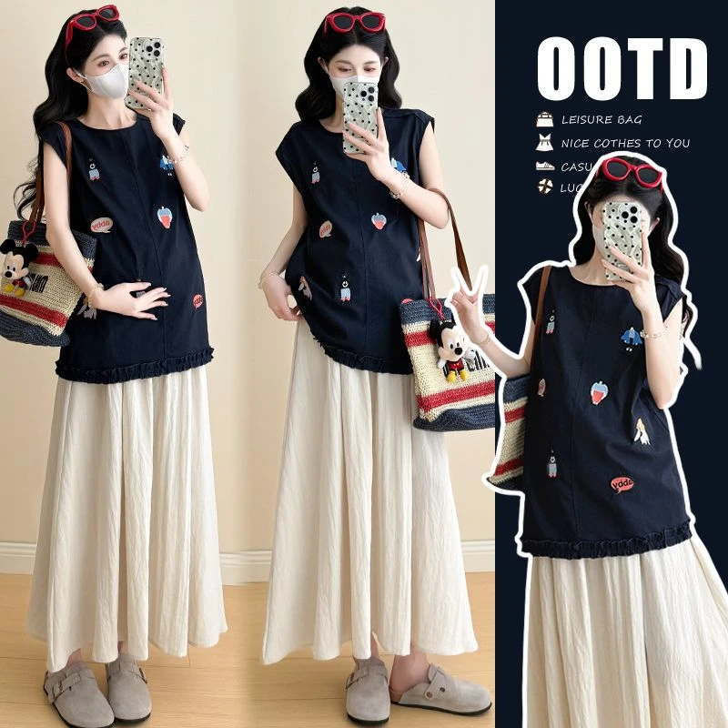 【晚媛若】2025夏季新款孕妇韩版时尚刺绣背心上衣半身裙套装两件套