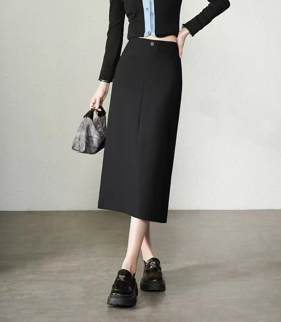 小静折扣~N1709P  松紧腰后开叉气质包臀一步裙半身裙（卡码拍大）