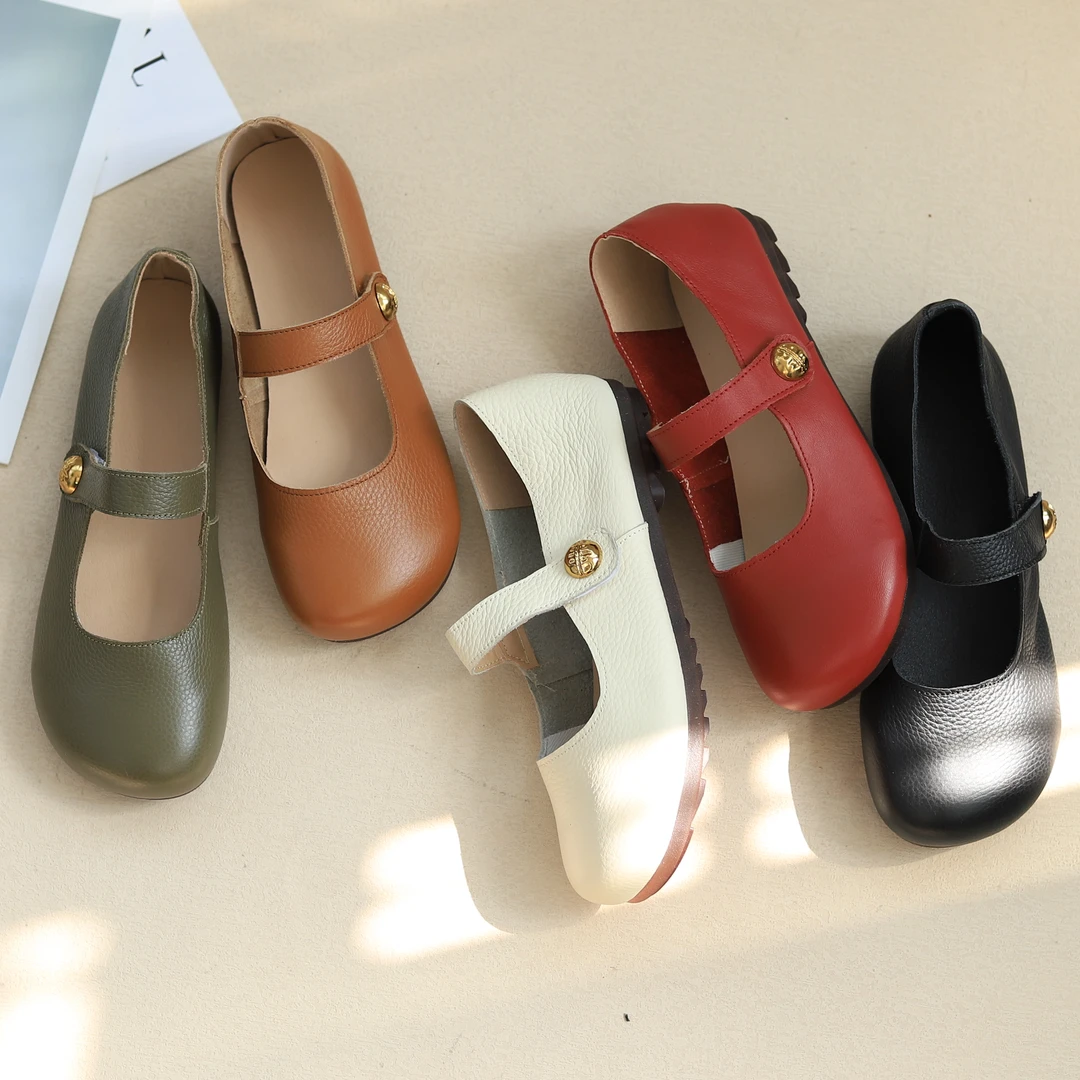寻程女鞋2025夏季软皮牛皮圆头玛丽珍鞋百搭浅口复古单鞋休闲港风