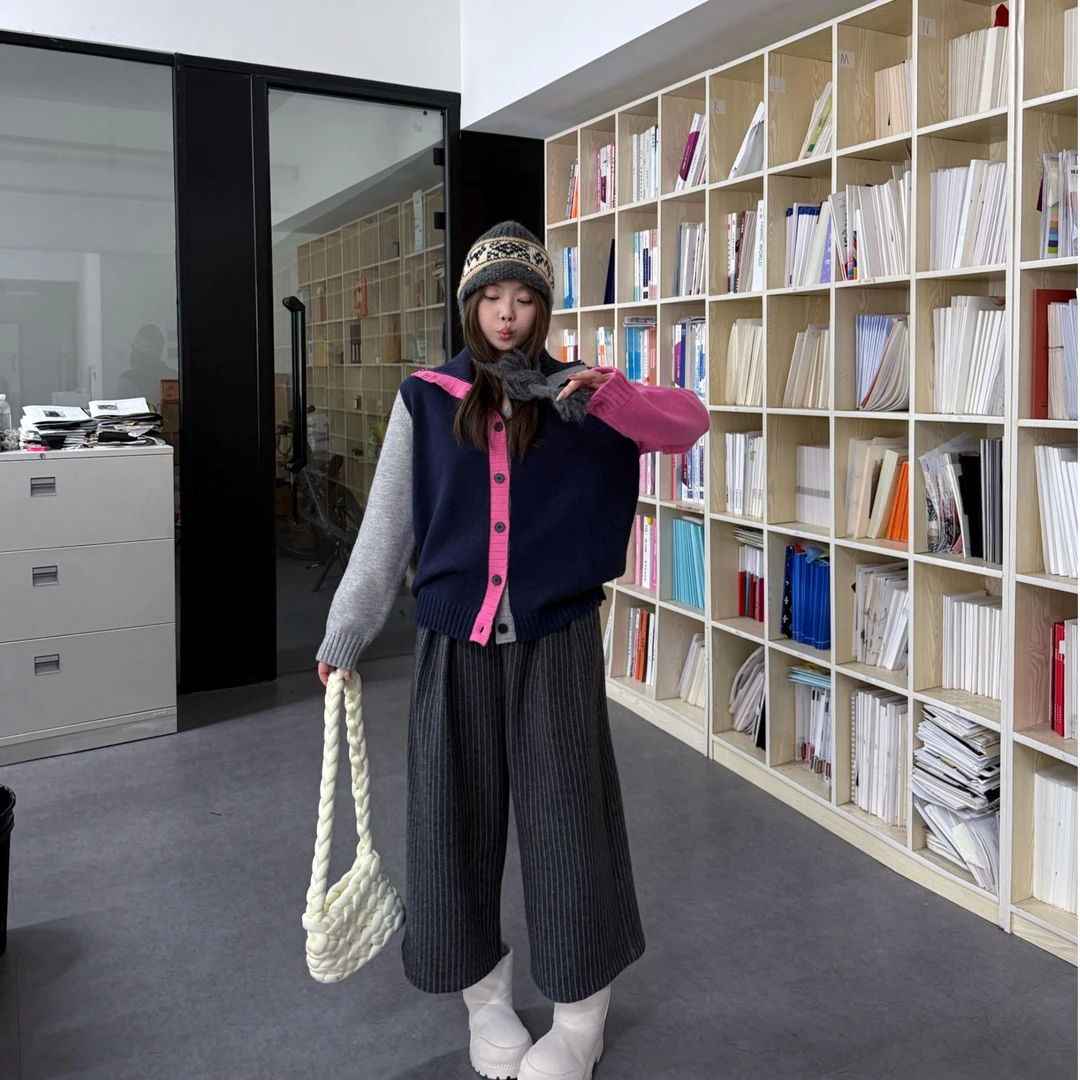 晶咕软软【拼色方式】设计感彩色撞色拼接高领针织上衣