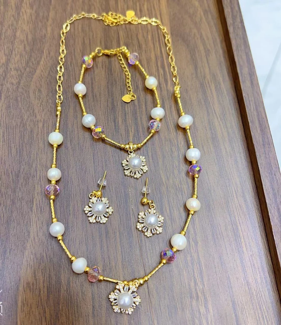 钛钢仿珍珠项链 新款高颜值三件套手工款项链珍珠配饰00036