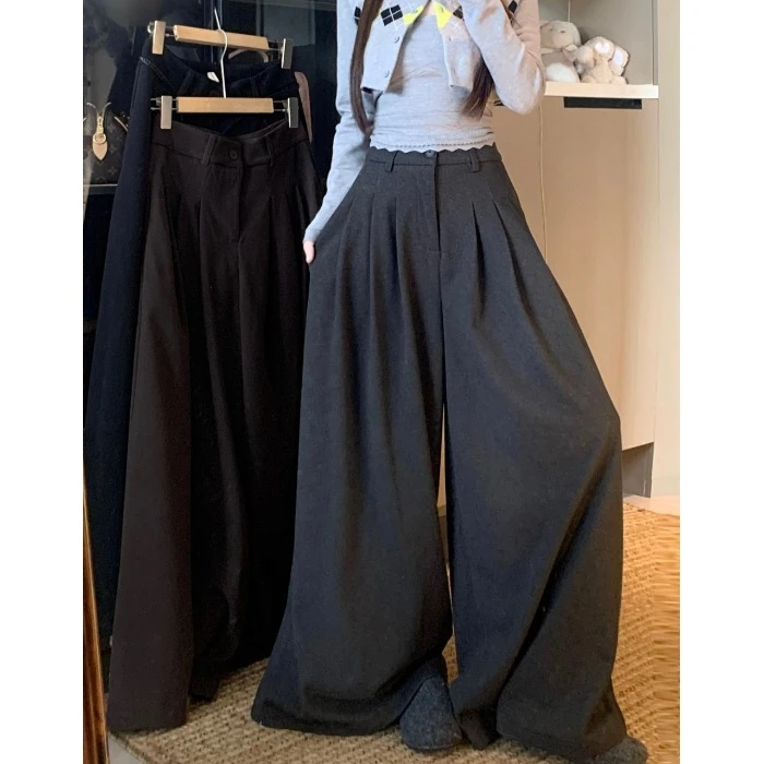 复古百搭毛呢西装阔腿裤2025秋冬季新款加厚保暖直筒休闲长裤子女