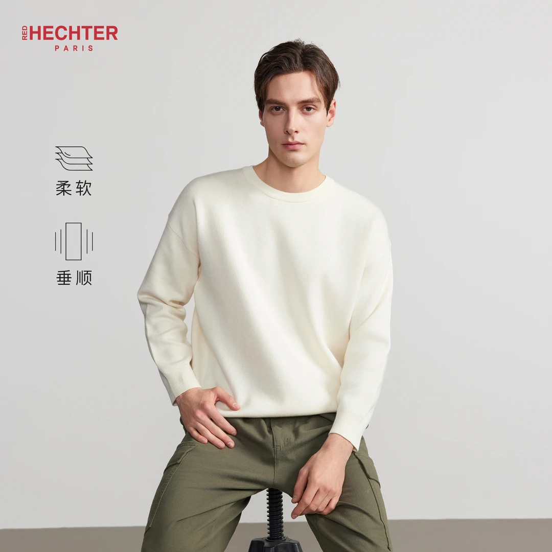 HECHTER针织卫衣秋冬男士套头圆领加厚刺绣白色上衣圆领TN42211