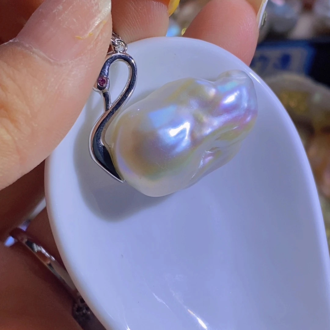 银S925镶嵌淡水珍珠天然珍珠无染色，无优化