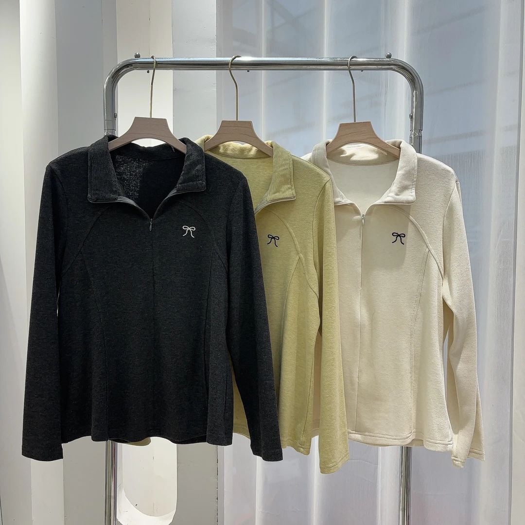 TU姐 春季大码修身打底衫正肩显瘦可外穿蝴蝶结显瘦拉链长袖上衣