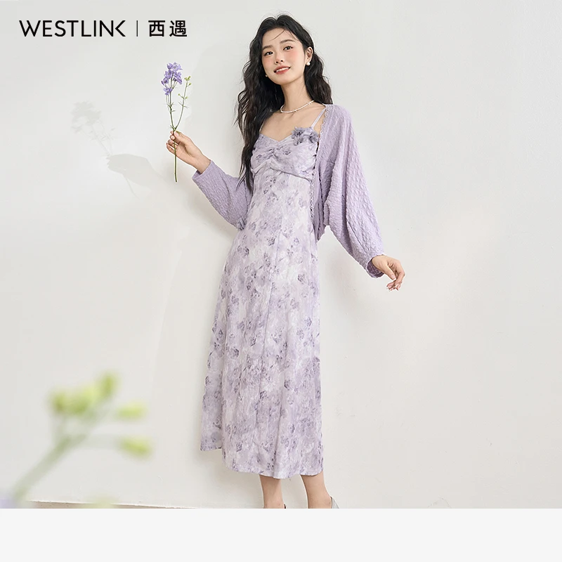 0488西遇紫色碎花吊带裙套装女2025年春季新款防晒针织开衫两件套