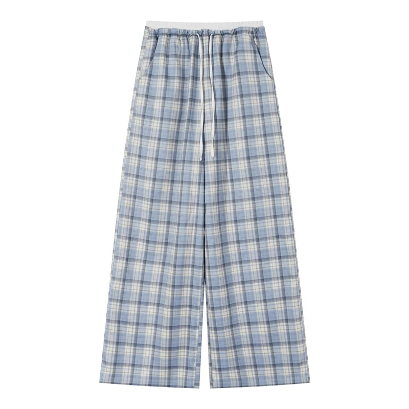 现现-韩系慵懒风裤腰拼接阔腿裤高腰通勤格子休闲裤Y50147636