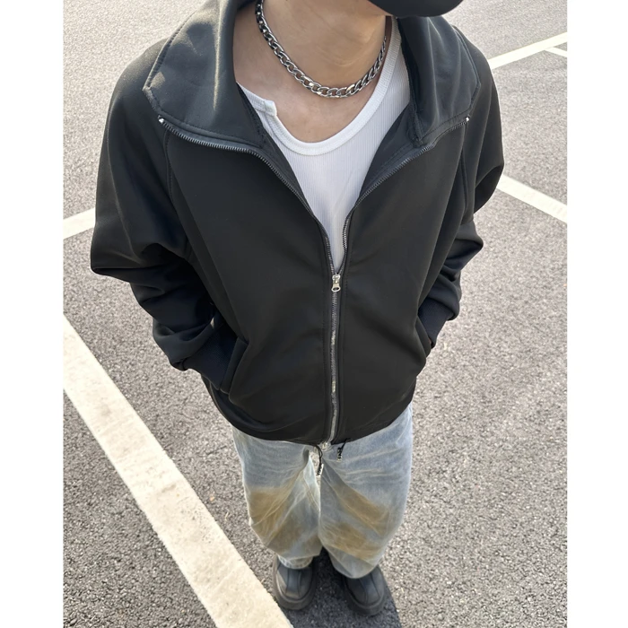 美式复古纯色立领拉链卫衣男士cleanfit插肩廓形外套宽松运动上衣