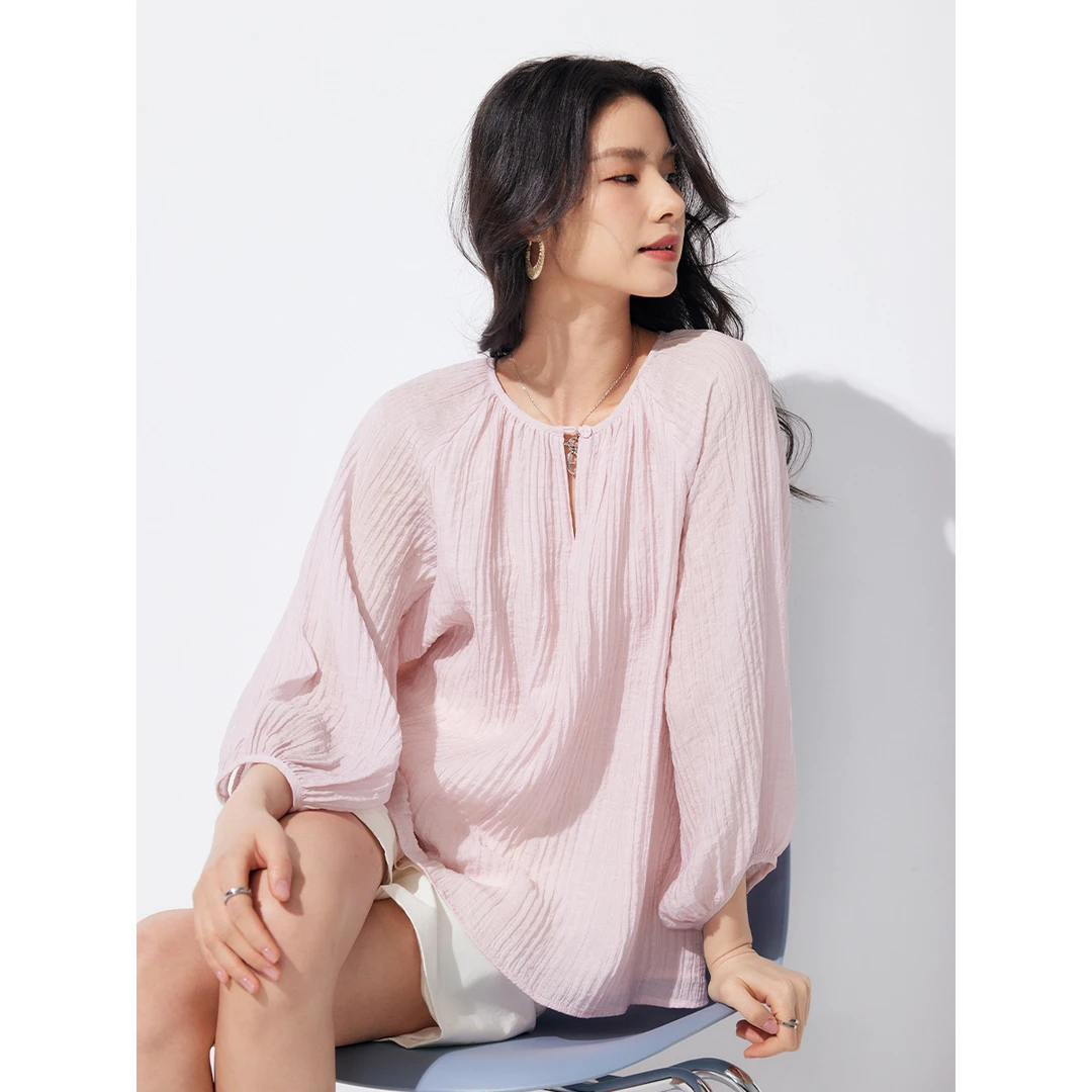 初棉DRDB【元气桃桃】七分袖轻盈褶皱衬衫灯笼袖肌理352604035