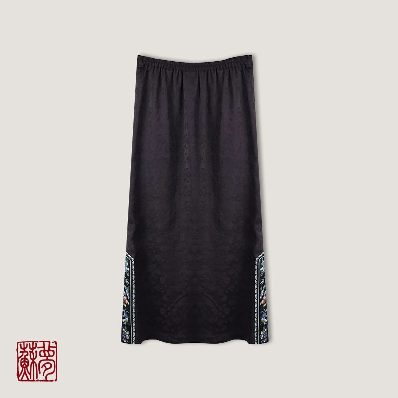 蘇夢【若水】绣影黑色提花手绣半裙中式百搭0107498