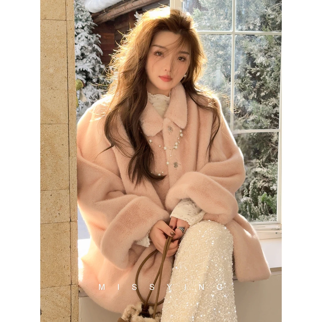 应小姐【粉莓奶芙】微胖大码冬季显瘦外套百搭韩版加厚宽松毛毛外套