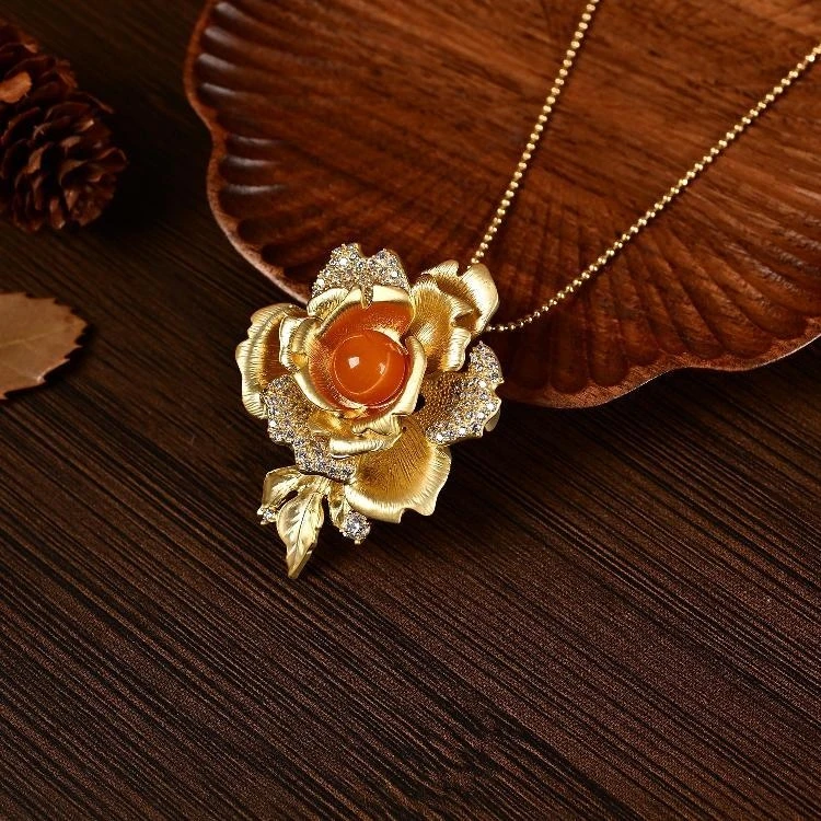 【黄志玮溯源】九福晶典  老蜜蜡玫瑰花胸针吊坠 HN700398