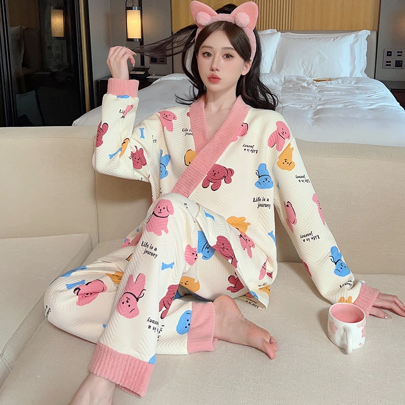 【PIC】春秋季睡衣女长袖空气棉夹层甜美印花大码日系家居服套装