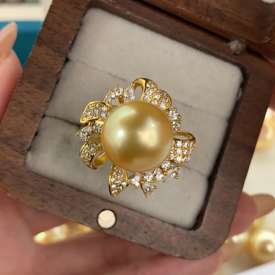 定制海水珍珠银S925镶嵌戒指/指环南洋金珠12.4mm款后无瑕