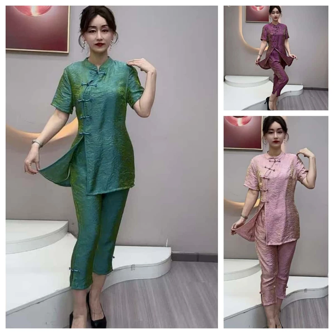 两件套装衣服加裤子夏季琉璃缎显瘦V领新中式国风盘扣#子156988