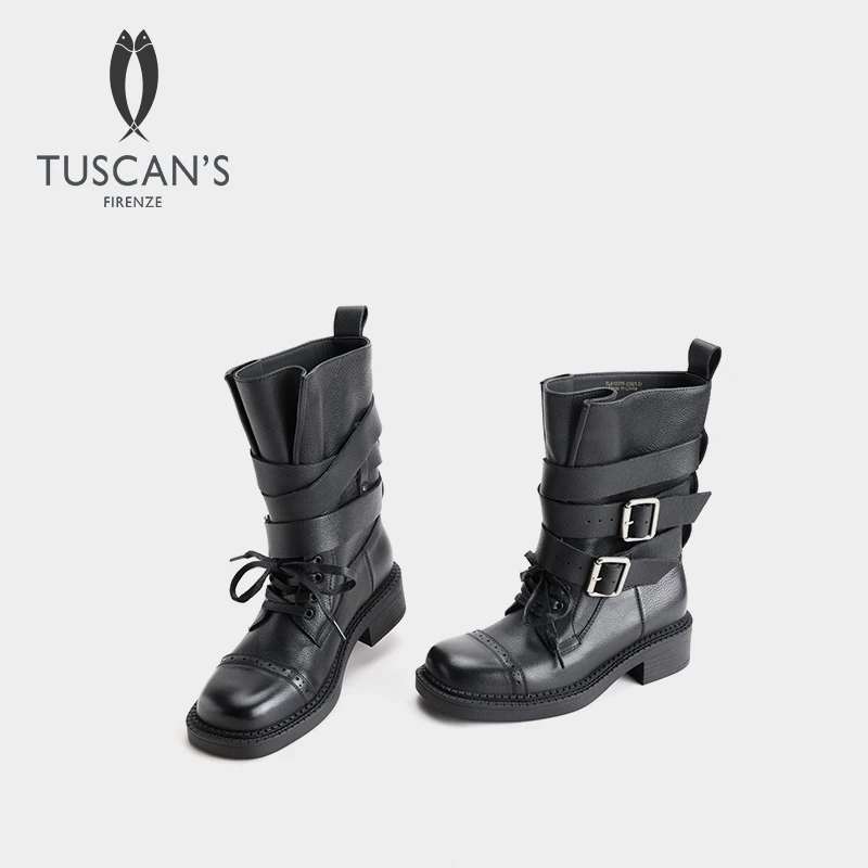 TUSCAN'S法式真皮马丁靴英伦风厚底瘦瘦靴靴子高帮冬季黑色
