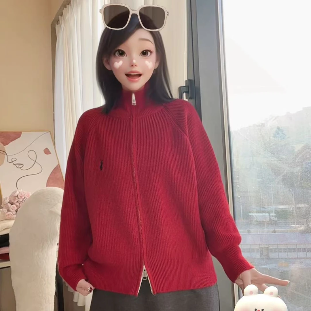 （大码针织女装）爆款元宝立领双拉链马球风尚开衫女装毛衣针织外套