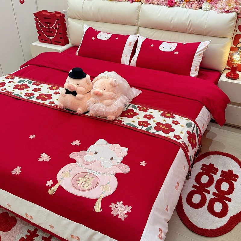 乐优公主100支长绒棉结婚四件套kt猫大红色被套床单喜被婚庆床品
