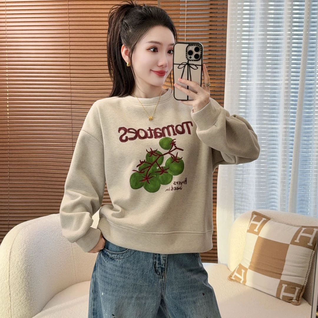 沐恩定制【柿柿如意】加绒加厚番茄刺绣秋冬百搭显瘦圆领套头卫衣