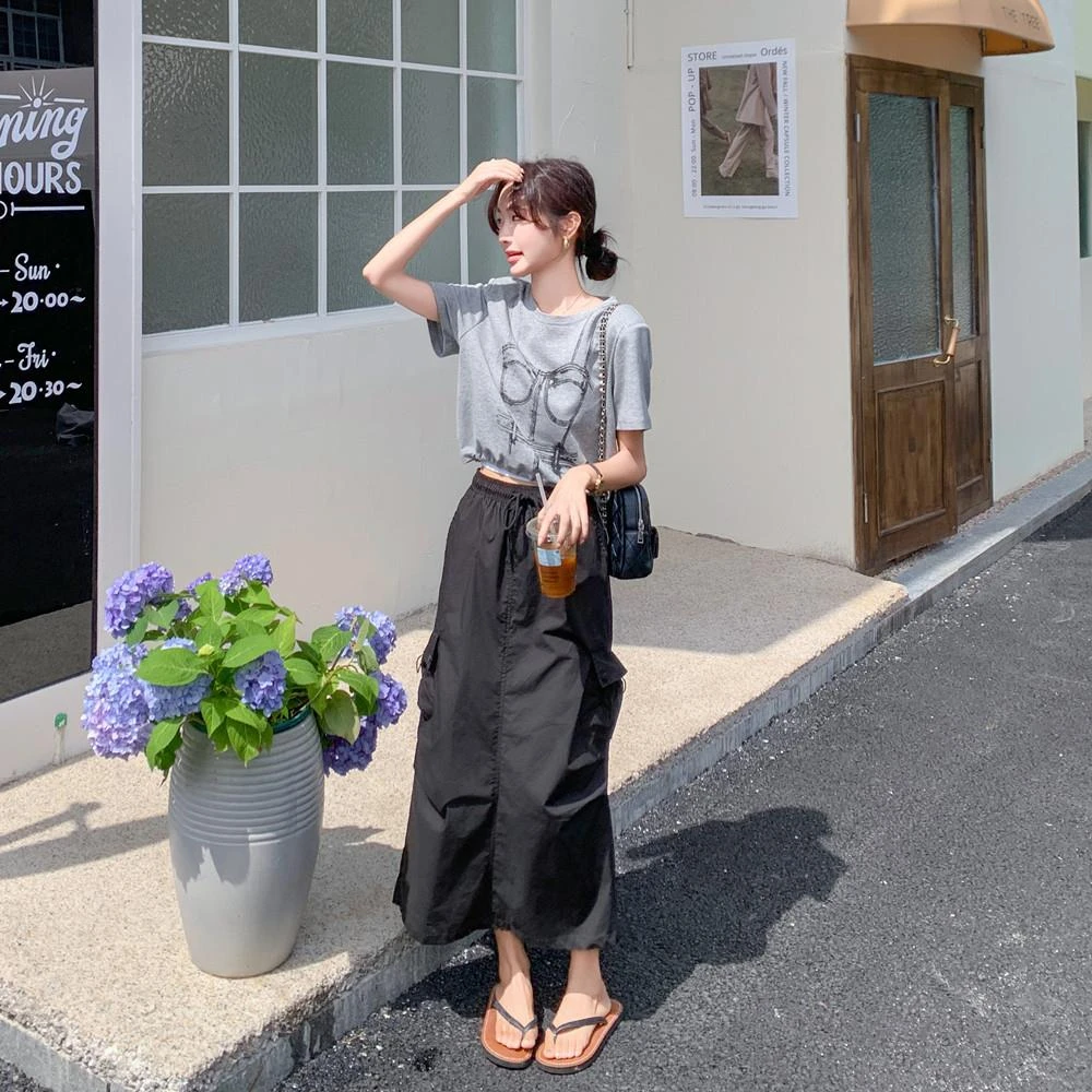 设计感小众灰色T恤半身裙套装裙女夏韩系慵懒风两件套爆款炸街