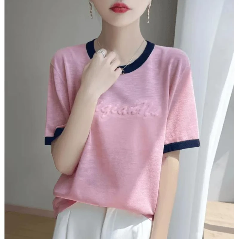 【森森】夏季新款竹节麻圆领拼色立体字母针织短袖百搭时尚显瘦宽松