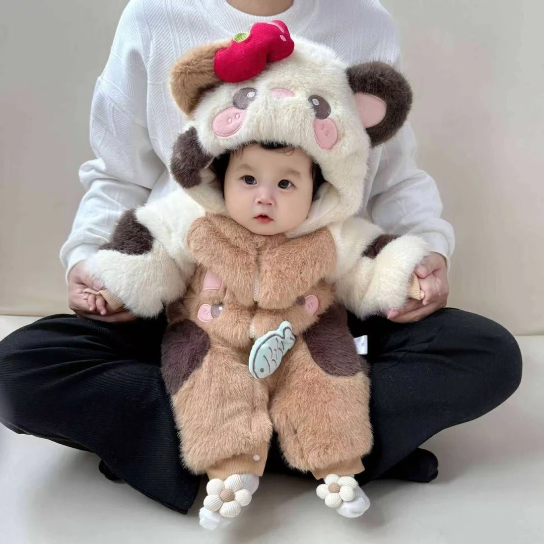 婴儿冬季冬装连体衣加厚宝宝可爱超萌毛茸茸保暖哈衣爬服外出服