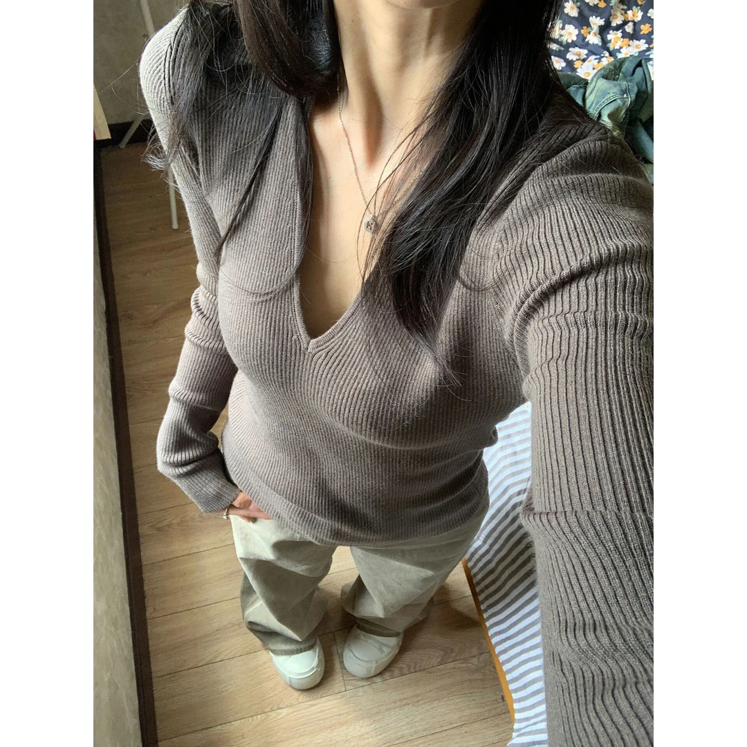 【现货】辣妹V领针织衫女早秋冬显瘦收腰紧身正肩长袖上衣E1-14