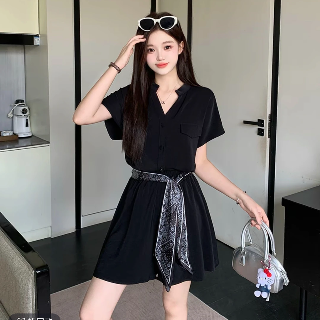 2025夏装新款气质时尚v领短袖小衫25802飘带高腰短裤套装