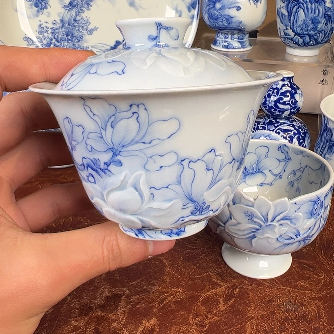 瓷杯子青樵轩雕刻玉兰花盖碗