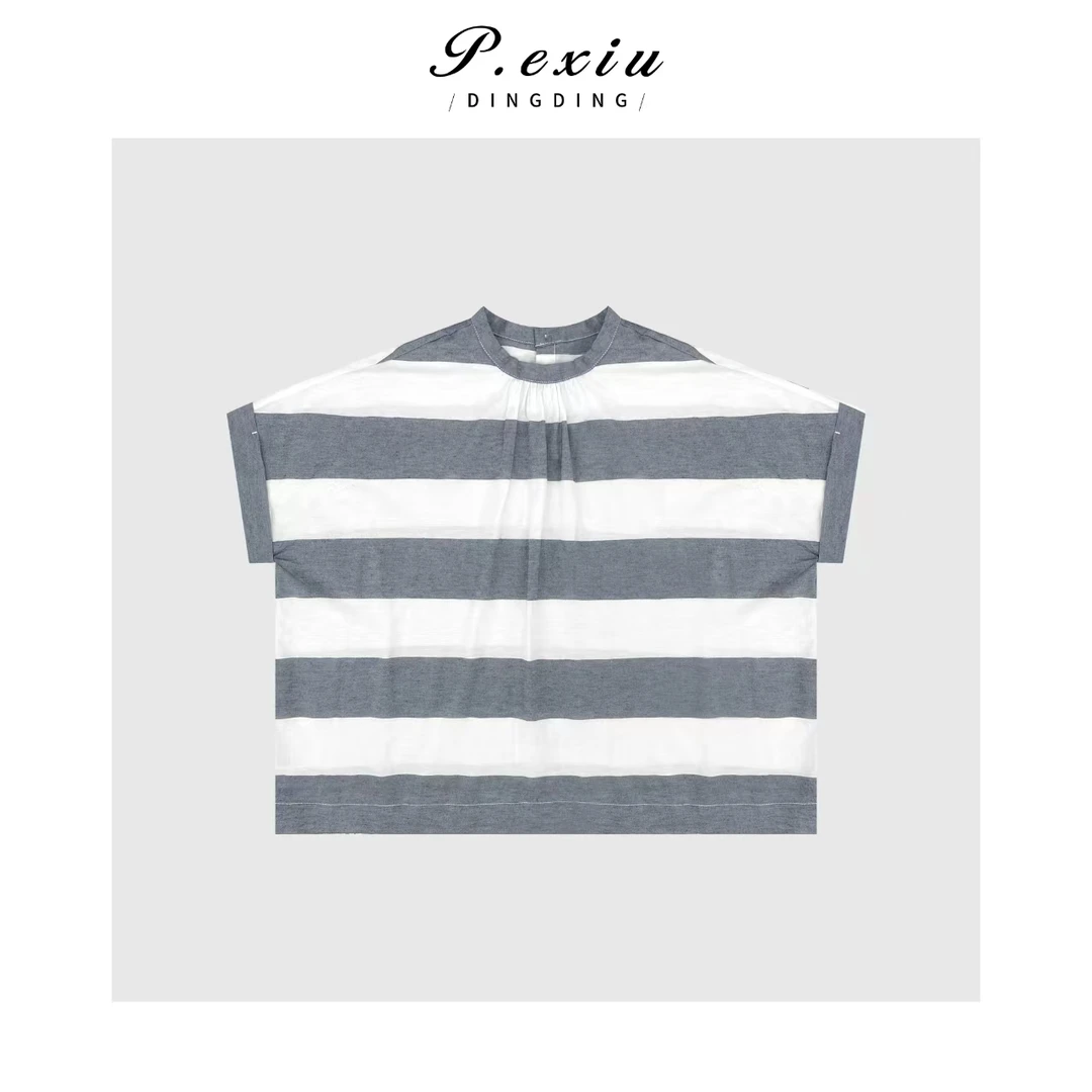 韩系条纹减龄袖口卷边圆领T恤Q6482