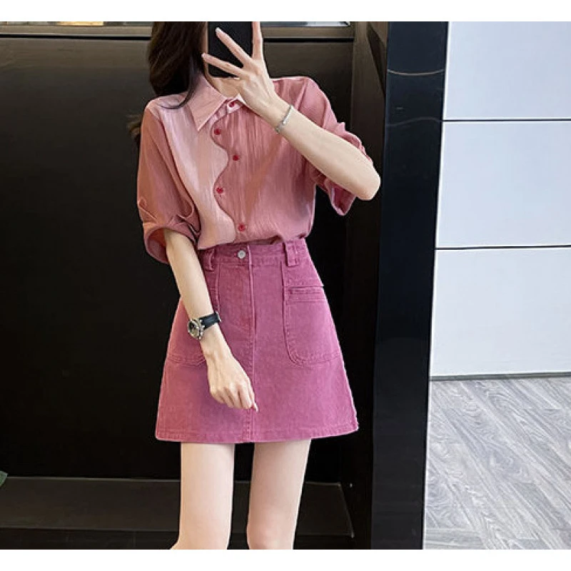 夏季搭配衬衣套装裙女洋气减龄高腰显瘦牛仔短裙小个子显高两件套
