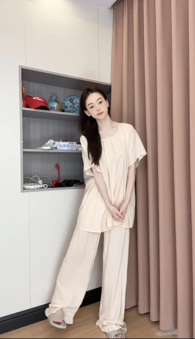 （素色套装）棉绸纯色套装居家服人造棉舒适简单大码宽松夏季薄款