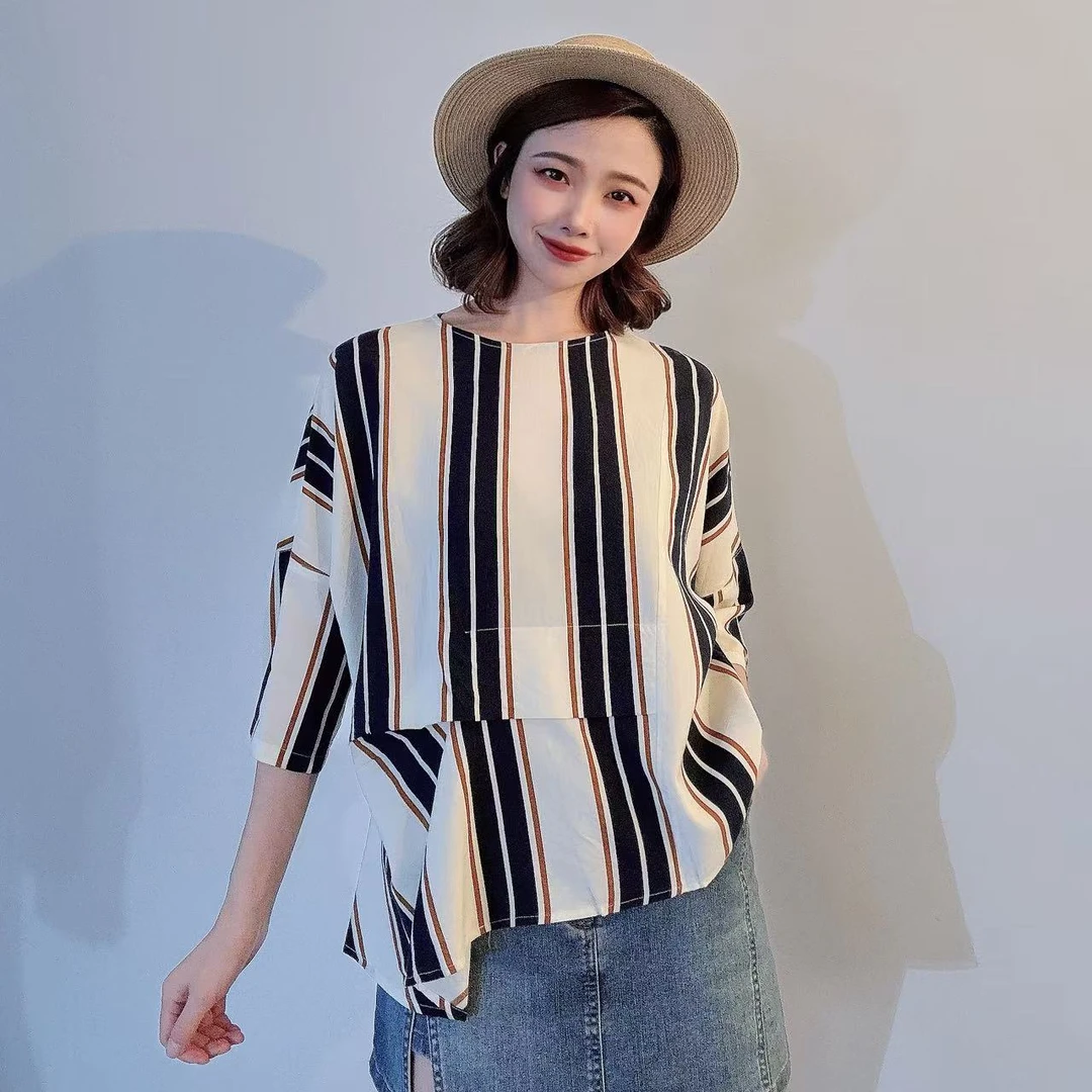 GIRDEAR/哥弟精品时髦廓形不对称竖条纹宽松百搭显瘦上衣1393006