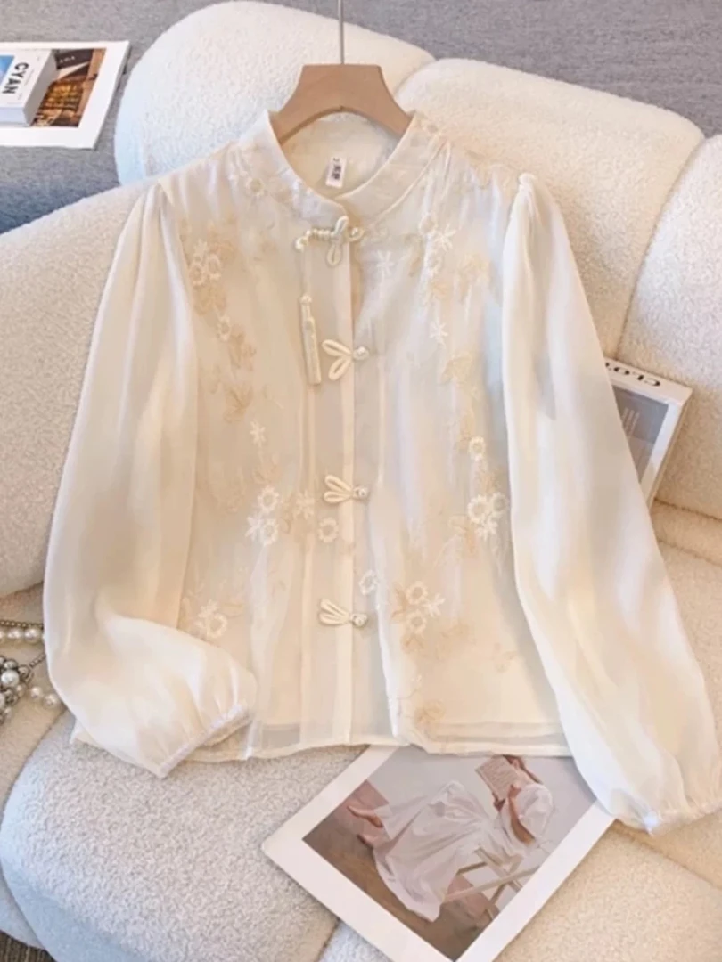 复古长袖衬衫女2025春季新款立领设计感减龄小众宽松显瘦上衣8053