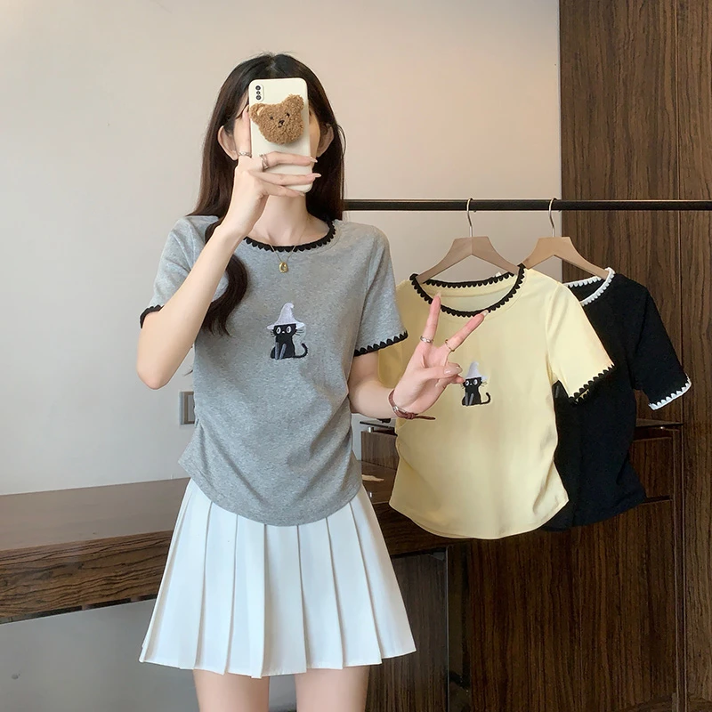 大码刺绣胖妹妹女款短袖夏季胖MM洋气减龄遮肉显瘦上衣YY16779