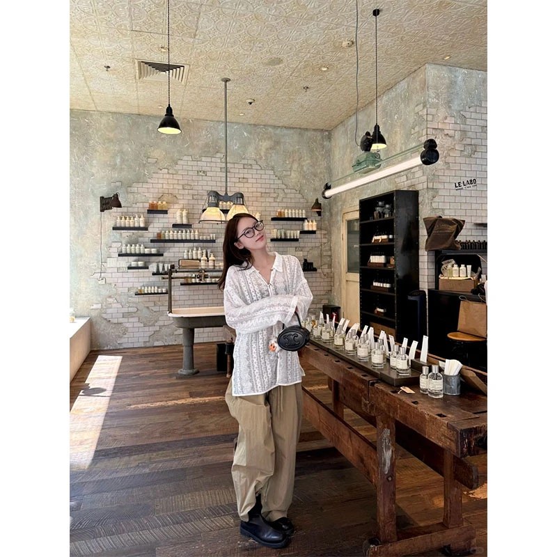 韩系设计感小众洋气休闲百搭镂空长袖宽松上衣高腰垂感直筒阔腿裤