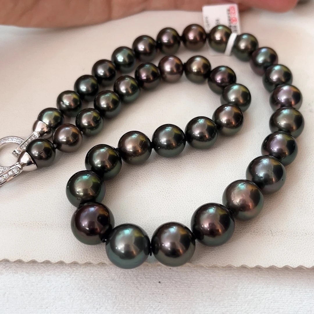 银S925镶嵌海水珍珠颈饰孔雀绿炫彩10-12.5