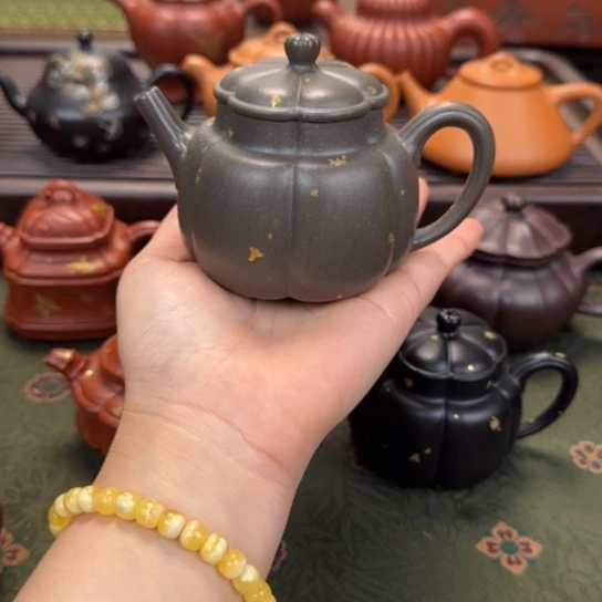 紫砂茶壶繁花洒金筋纹天青