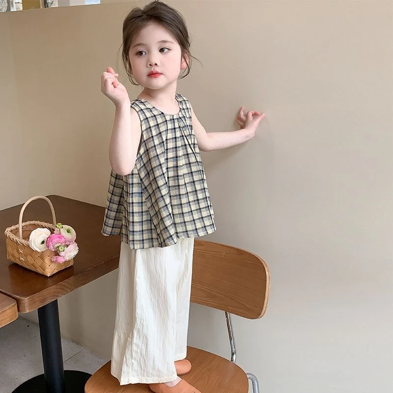 格子休闲风套头夏季女薄款套装连衣裙女孩衬衫无袖上衣韩版两件套